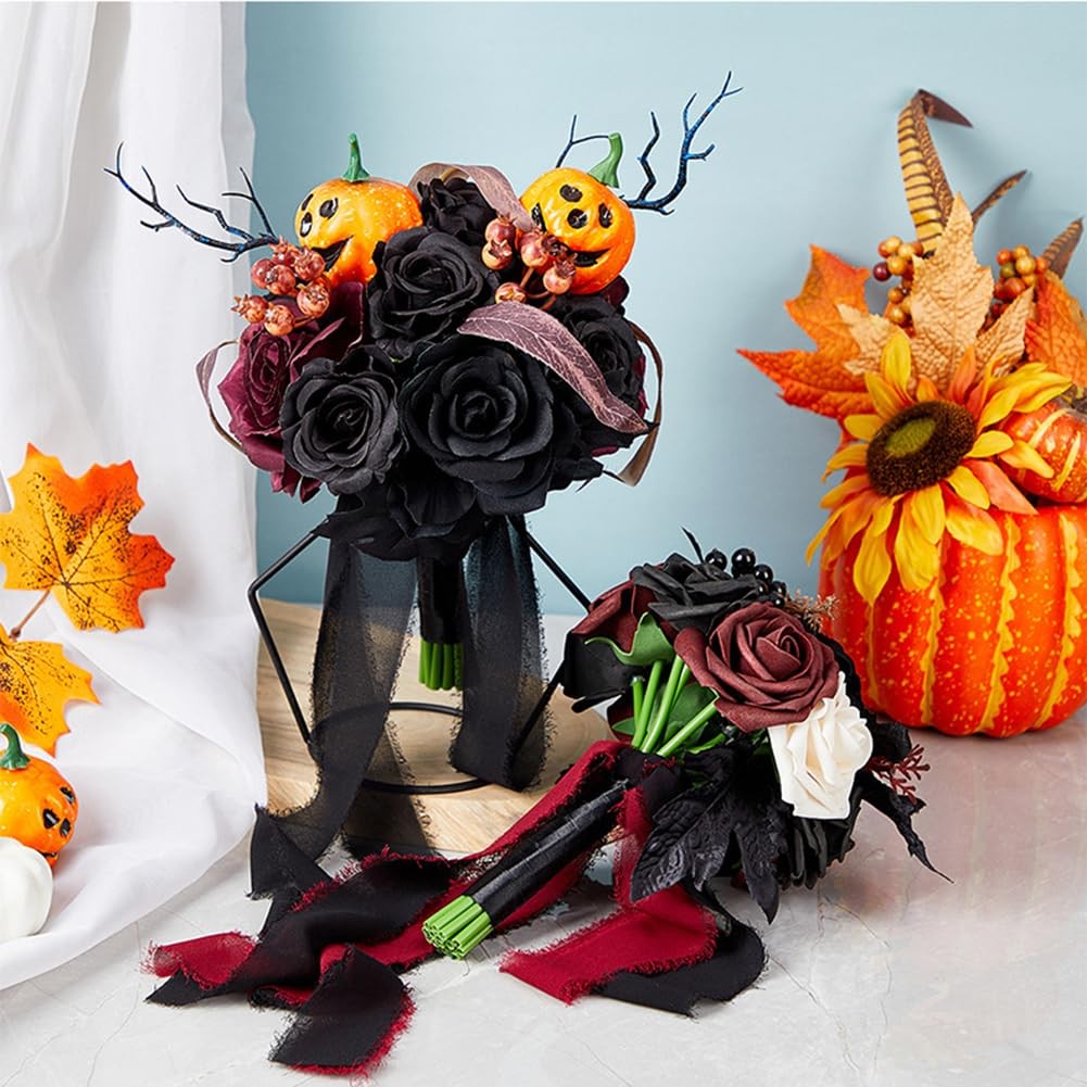Wedding Bouquets For Bride Bridesmaid Black Burgundy Gothic Artificial Rose
