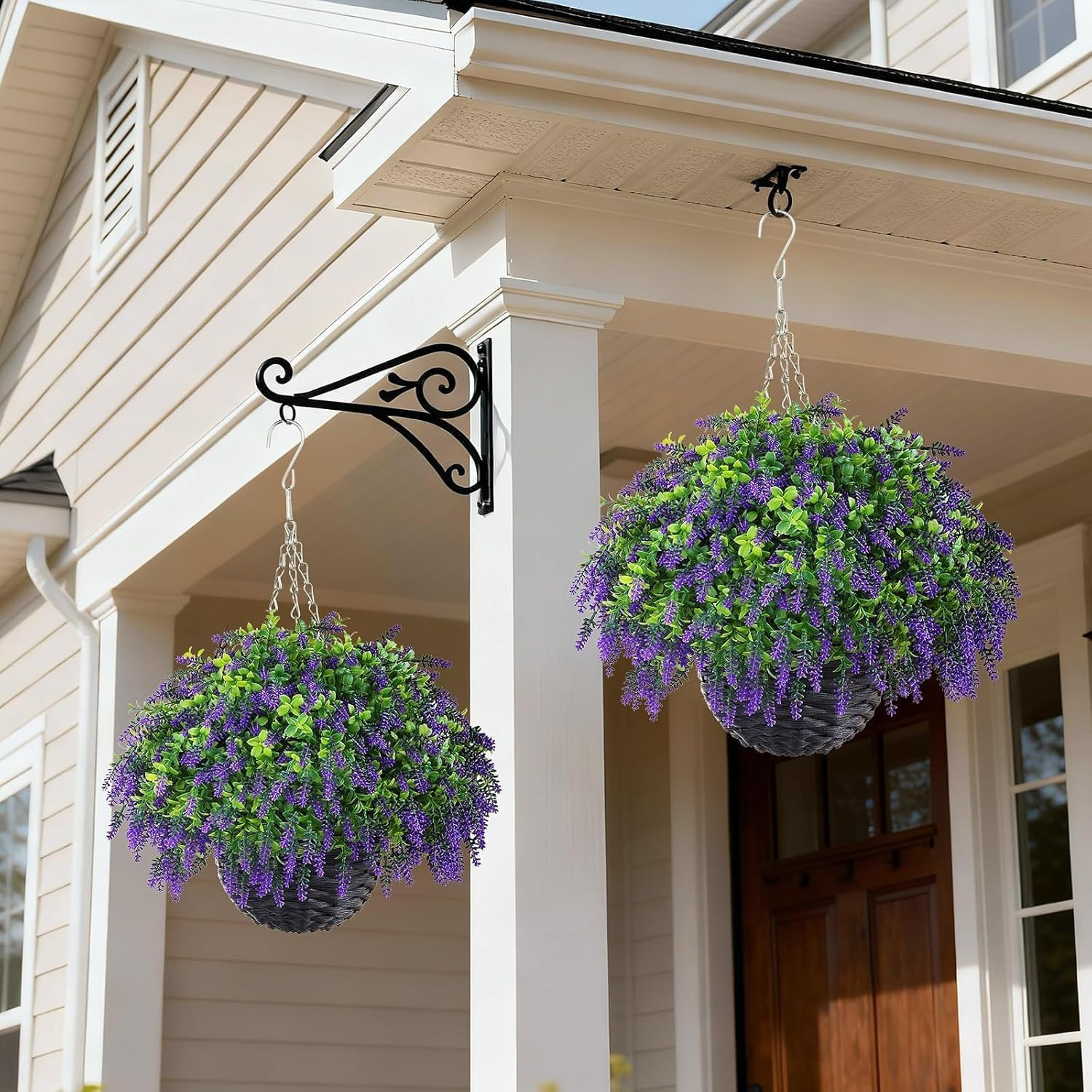 UV-Resistant Artificial Lavender & Boxwood Hanging Baskets – 2 Set for Outdoor D