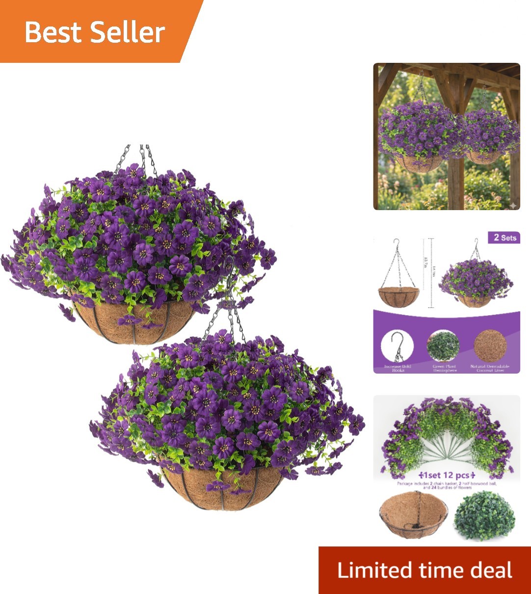 Charming 2-Piece Outdoor Flower Planters with 24 UV-Resistant Decorative Blooms