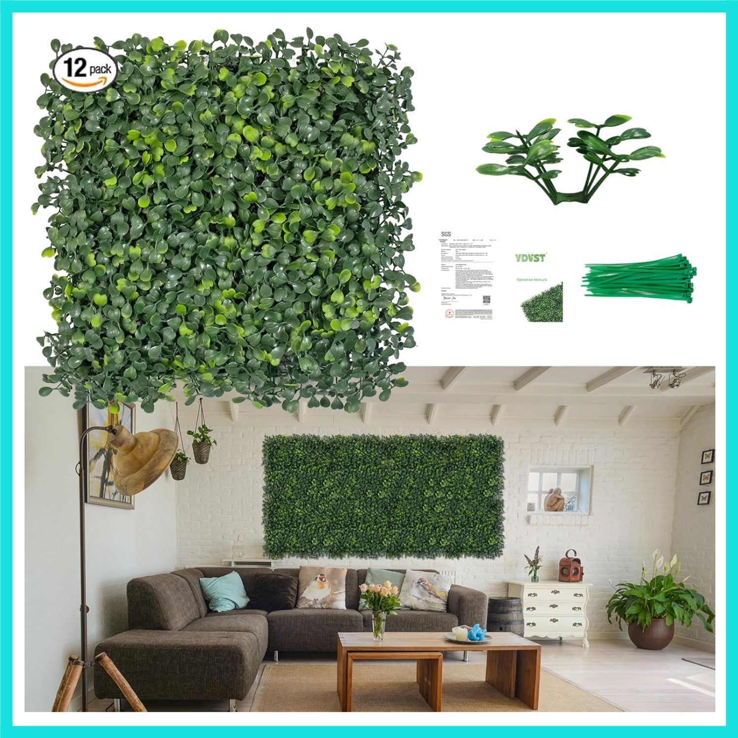 Grass Wall Panels 12 PCS 10″x 10″ Artificial Boxwood Panels with 50 Zip Ties,…