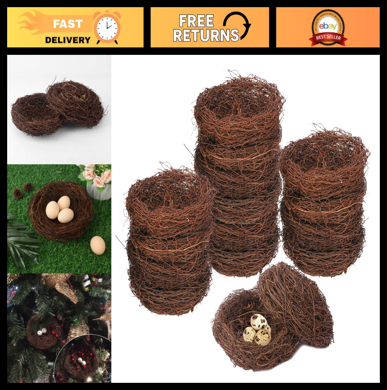 16 PCS 7″ Rattan Artificial Bird Nests for Crafts, DIY Decor, Holiday & Garden