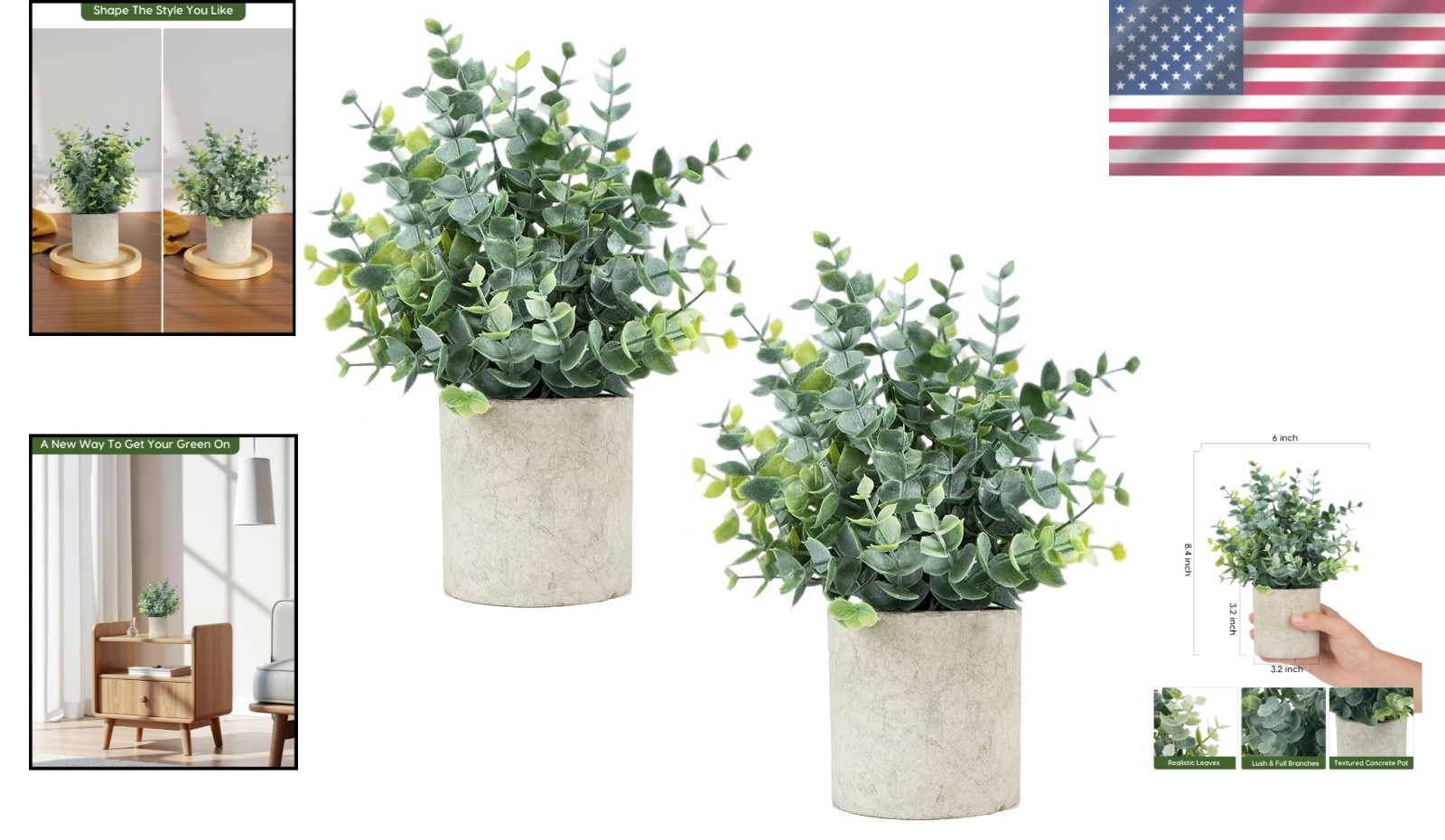 Small Fake Eucalyptus Plants, Set of 2 – Sage Green