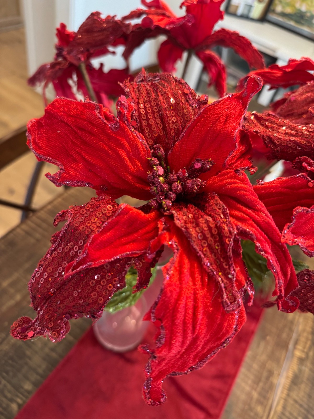 6-10” Velvet with sequence Poinsettia Stem Beautiful Christmas Home Decor
