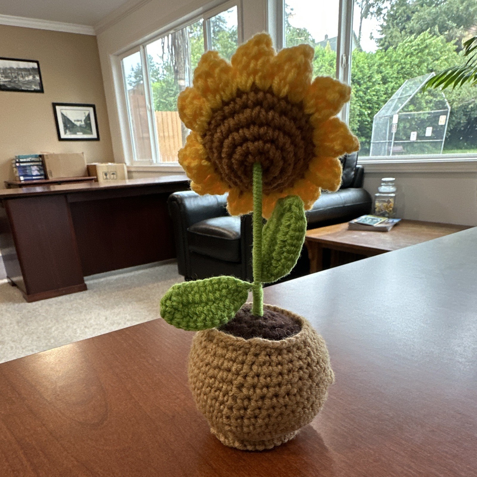 Artificial Crocheted Yarn Sunflower Flower Pot, Yellow Brown Green Gift