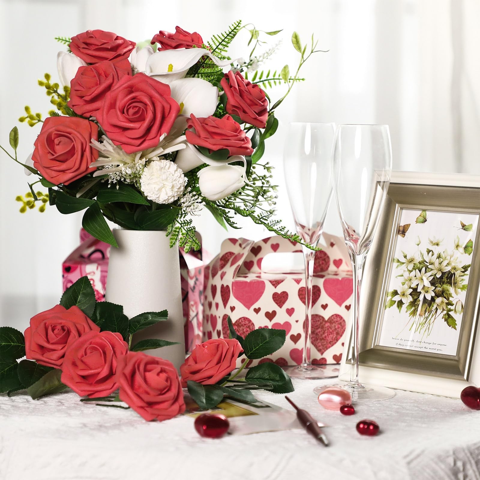 100 Pcs Artificial Flowers Real Looking Rose Flowers Foam Fake Roses With Leaves