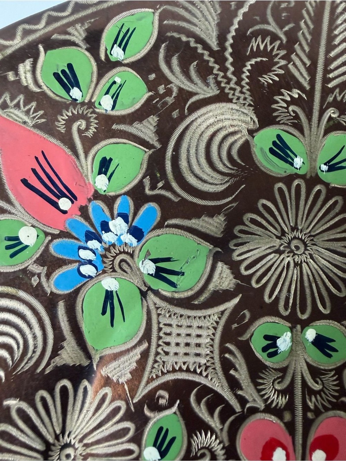 Vintage Turkish Hand Painted Copper Wall Plate 11.5″ Boho Floral Narol Decor