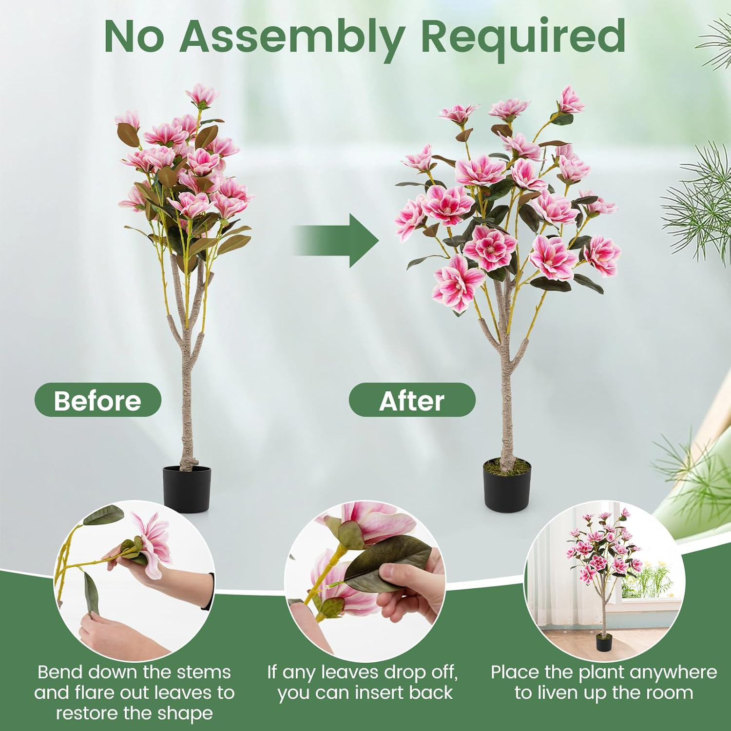 51” Artificial Magnolia Tree, Faux Flower Plant with PEVA Leaves, Multi-Branch T