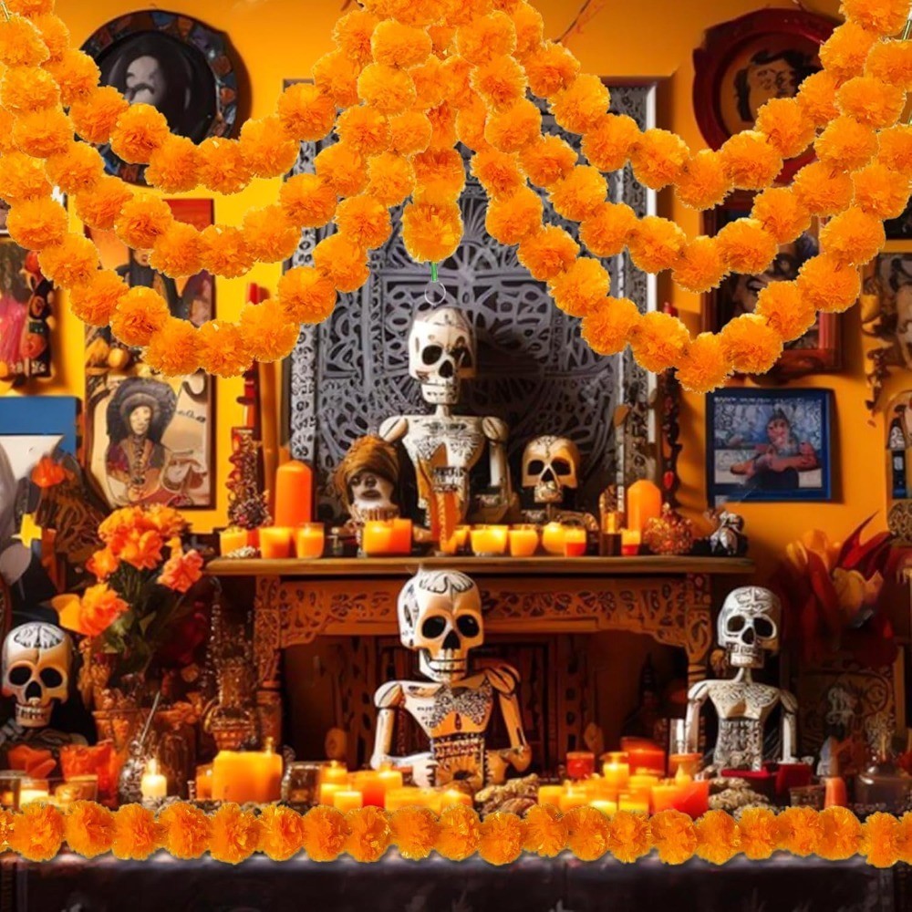 Artificial Marigold Garland 5 Feet Orange for Decoration Indian Pooja Diwali