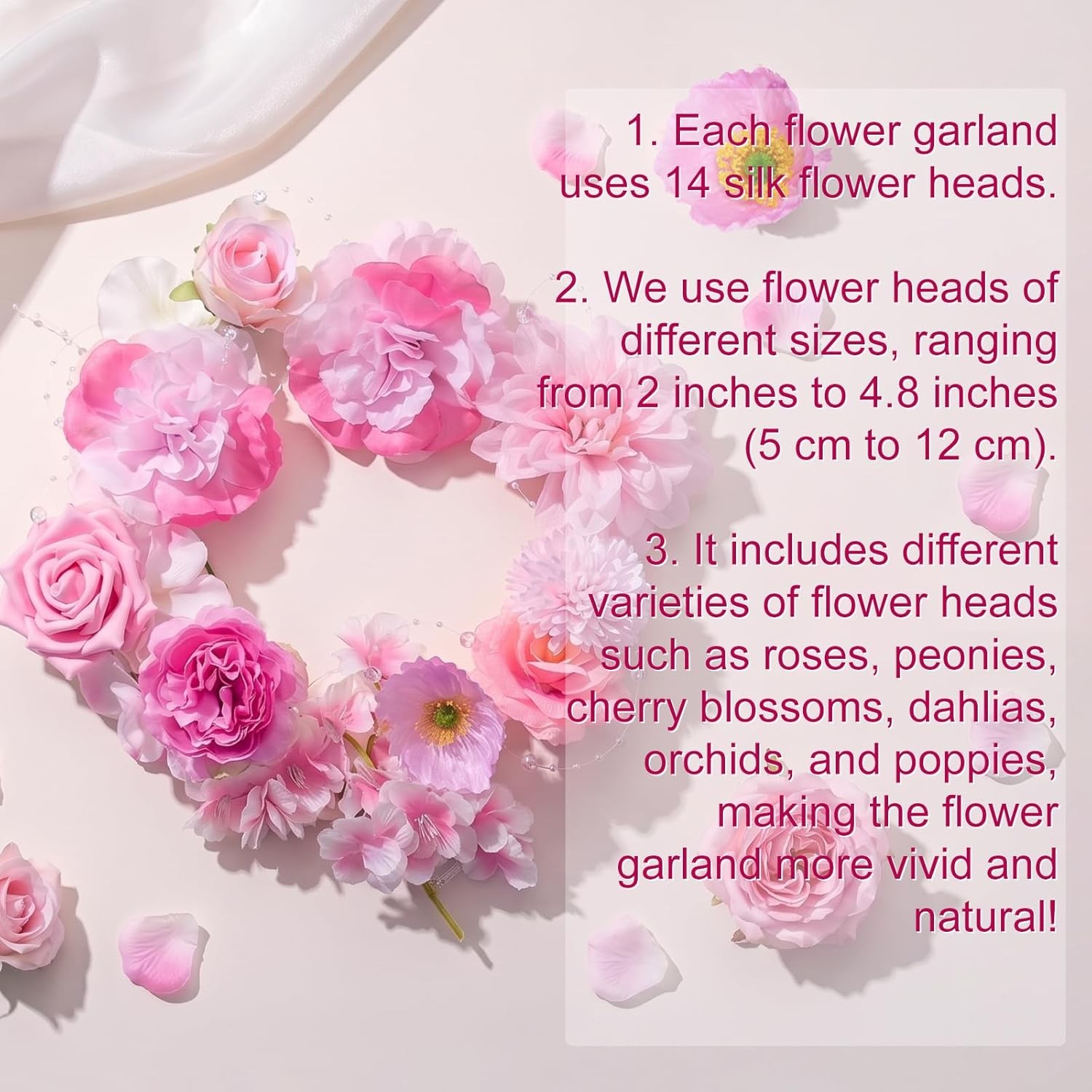 Pink Flower Garland 12PCS 96FT Artificial Hanging Vines for