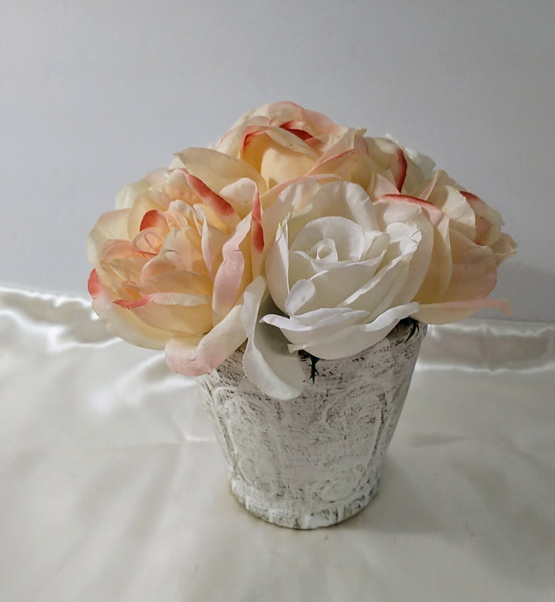 Roses Pottery Pot White & Pink Flowers Artificial Shabby Chic Decor 8″ x 7″