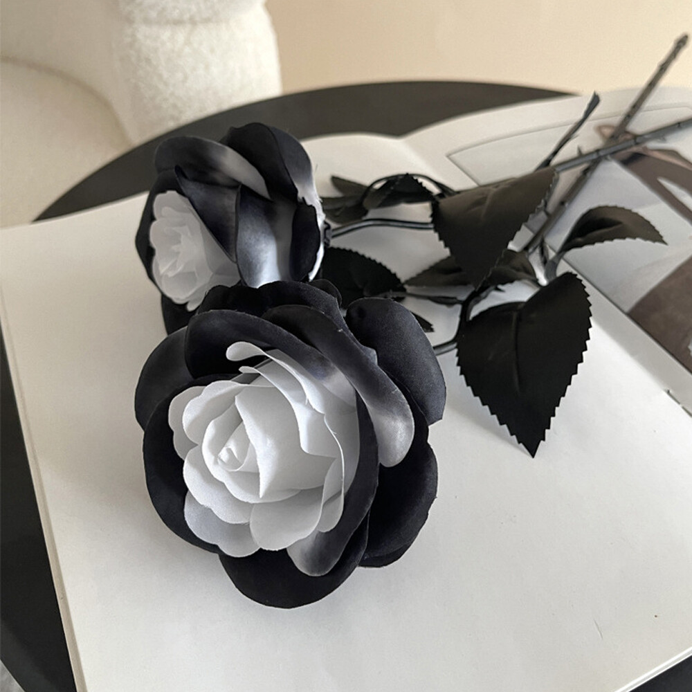 12pcs Artificial Flowers Black White Roses for Halloween Home Wedding Decor