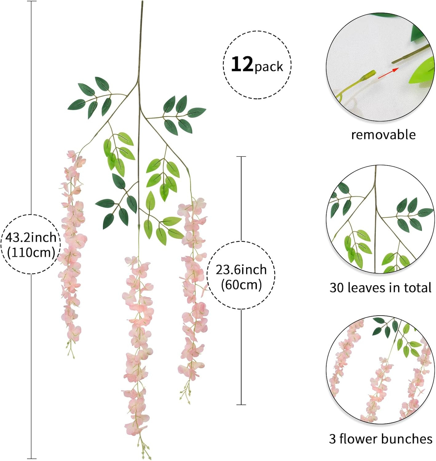 12 Pack Artificial Wisteria Hanging Flowers Fake Wisteria Flower Garland Silk Vi