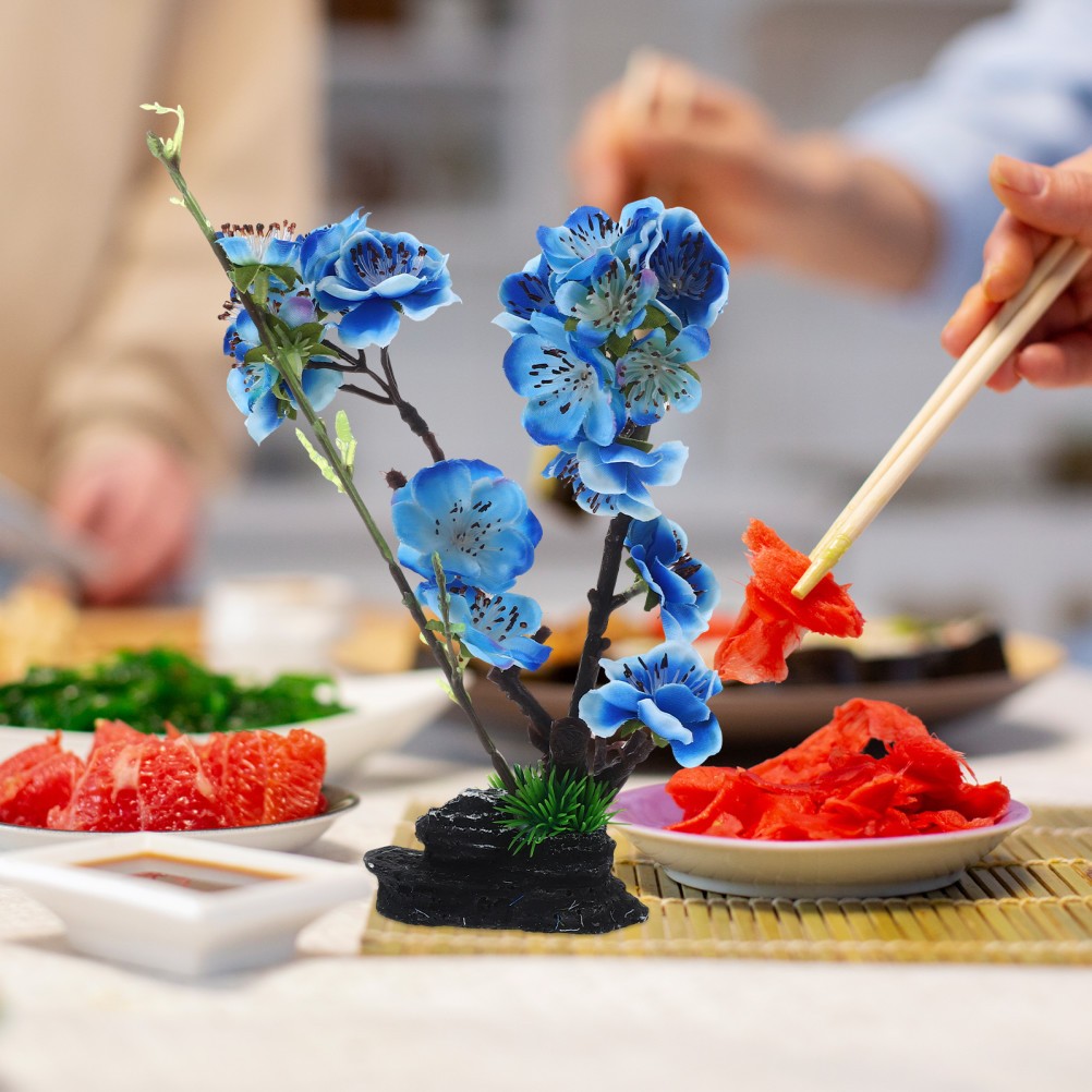 Reusable Sushi Serving Plate Artificial Flower Decor in Dark Blue