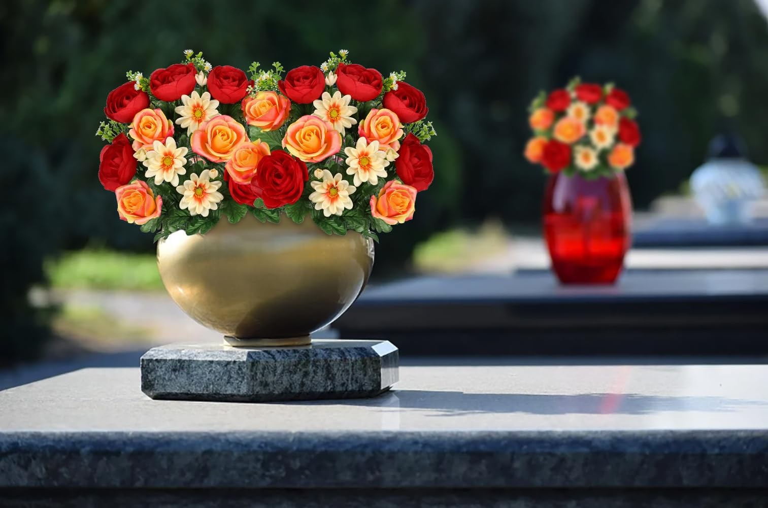 Hollyone Set of 2 Artificial Cemetery Flower for Graves Red Orange Cemetery M…