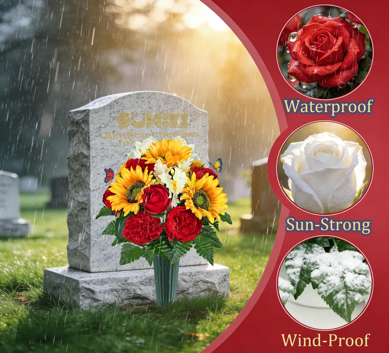 Red Orange Silk Sunflower Peony Cemetery Flowers Vase Grave Decor Butterflies