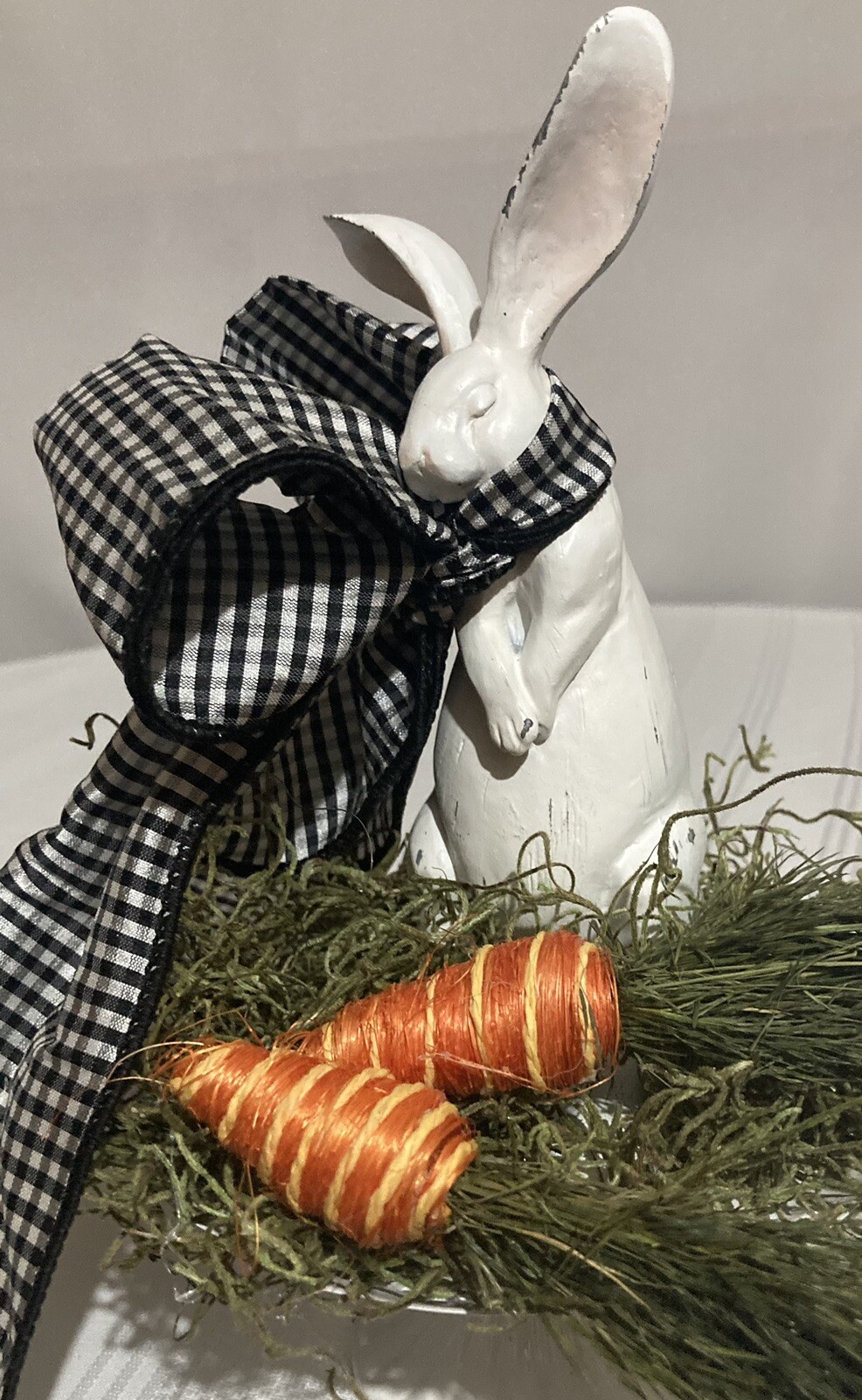 White Bunny With A Black And White Checked Scarf Floral Arrangement