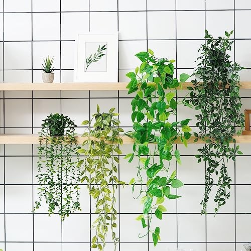 Fake Hanging Plants Artificial Hanging Plant, Faux Hanging 4pcs Mixed Set
