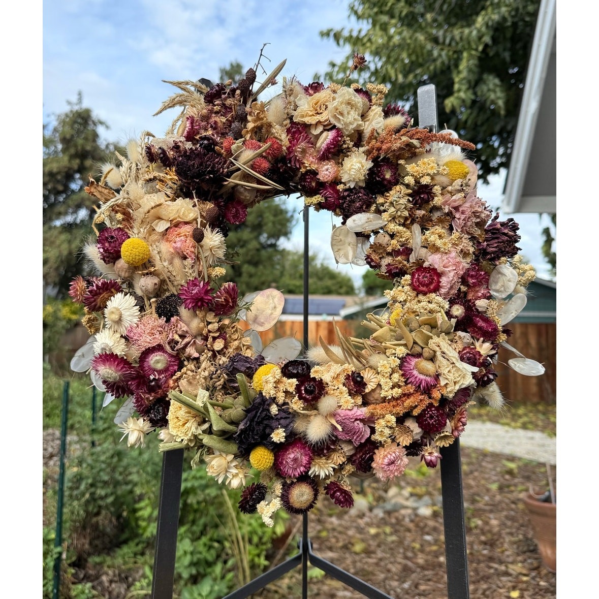 Organic Dried Floral Wreath 15″ Ranunculus, Dahlia, Seed Pods, Handmade Crafty