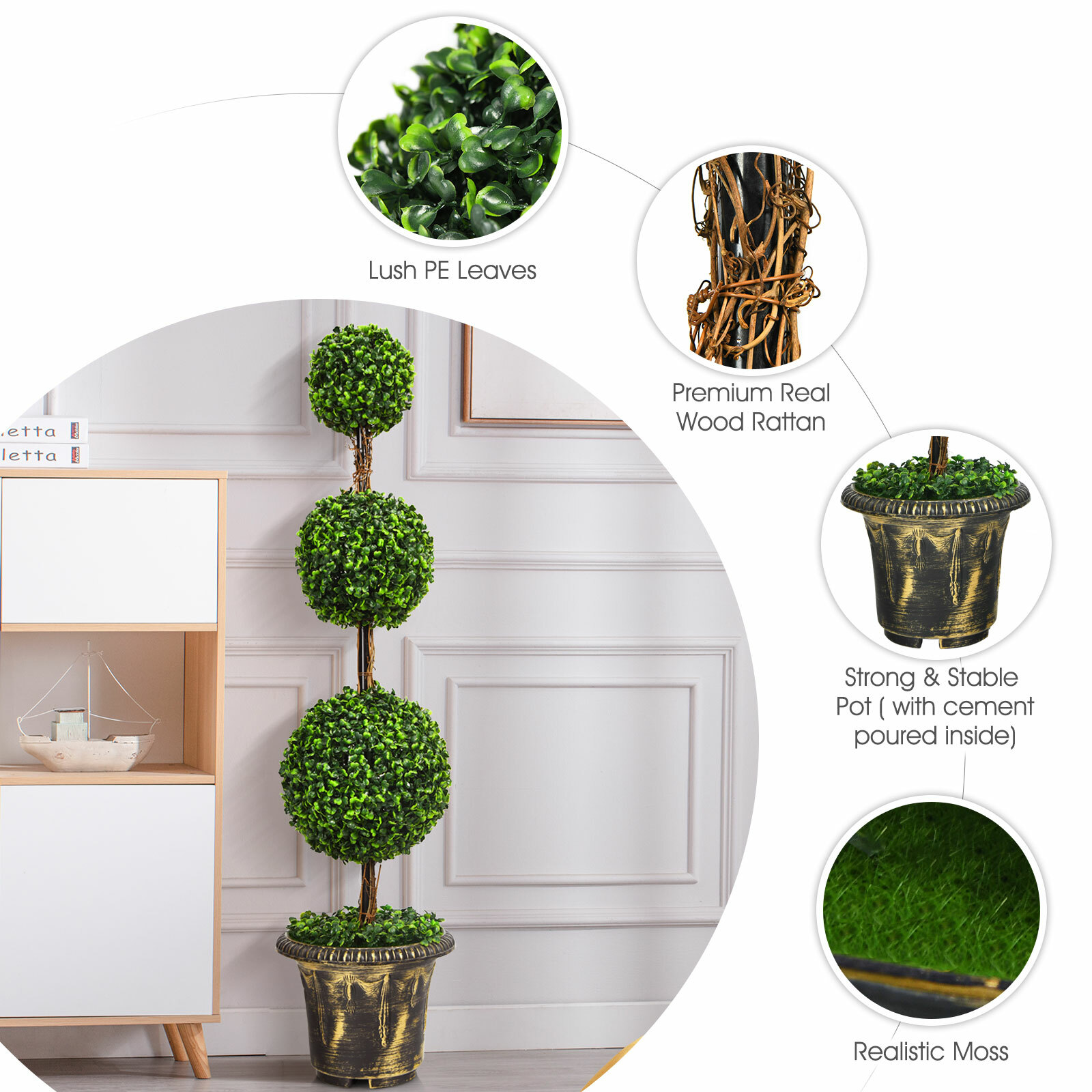 Costway 4’ Artificial Topiary Triple Ball Tree Plant Indoor Outdoor Deacoration