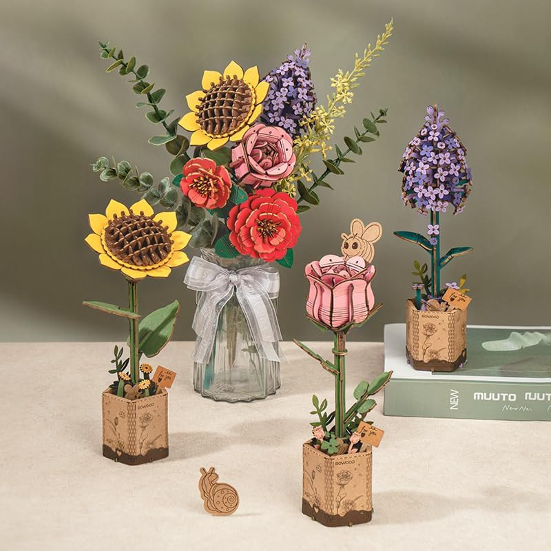 Forever Flowers Wooden Flower Bouquet Building Kit, Sunflower/Red Camellia/Pink