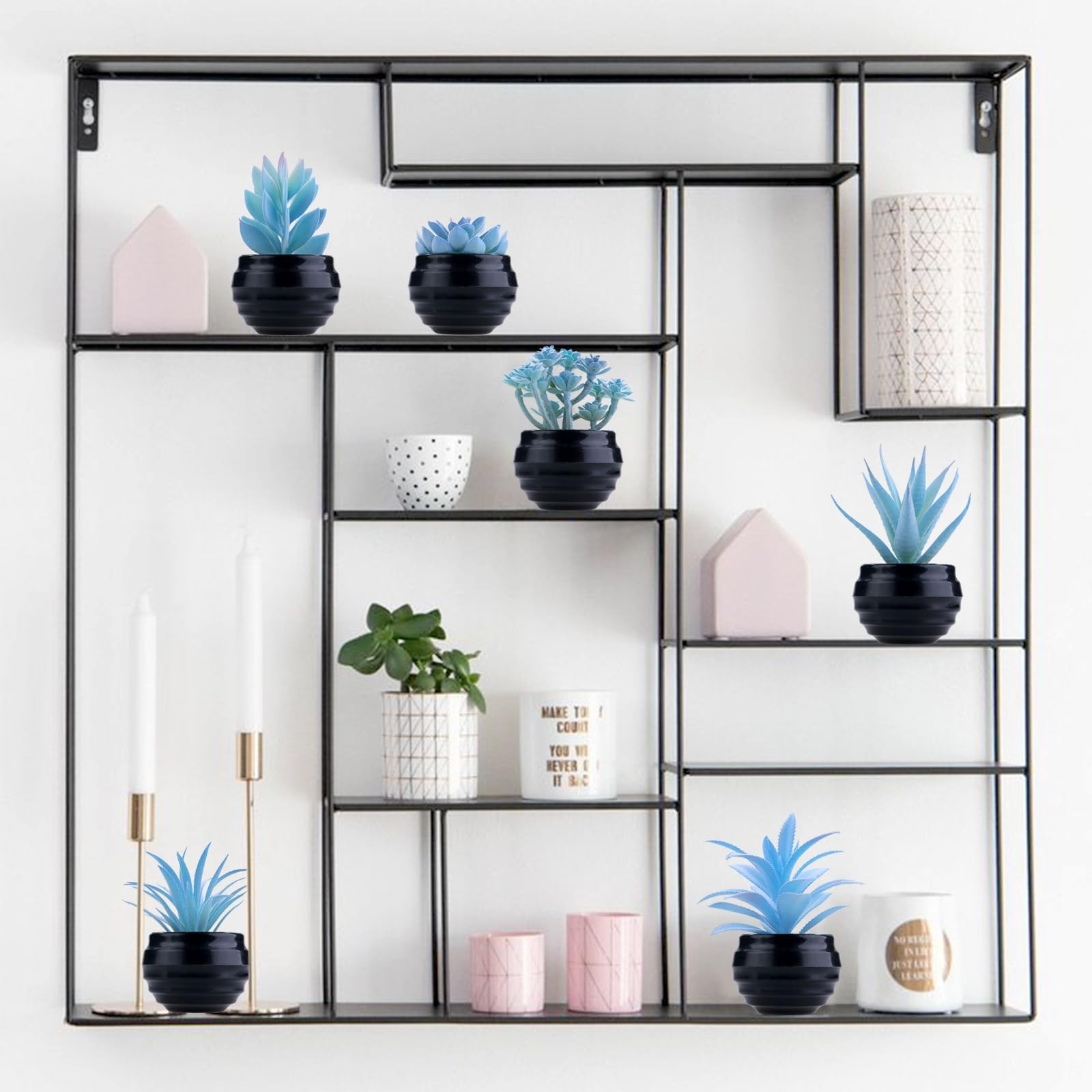 6 Blue Artificial Succulents in Mini Black Pots, Faux Indoor Desk & Home Decor
