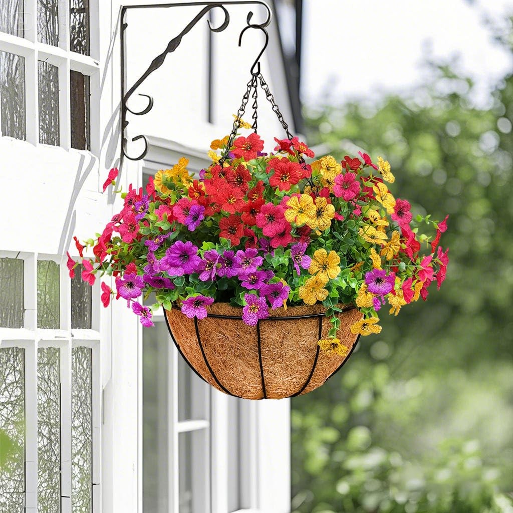 2 Set Artificial Outdoor Flowers with Hanging Basket for Garden Porch Patio B…