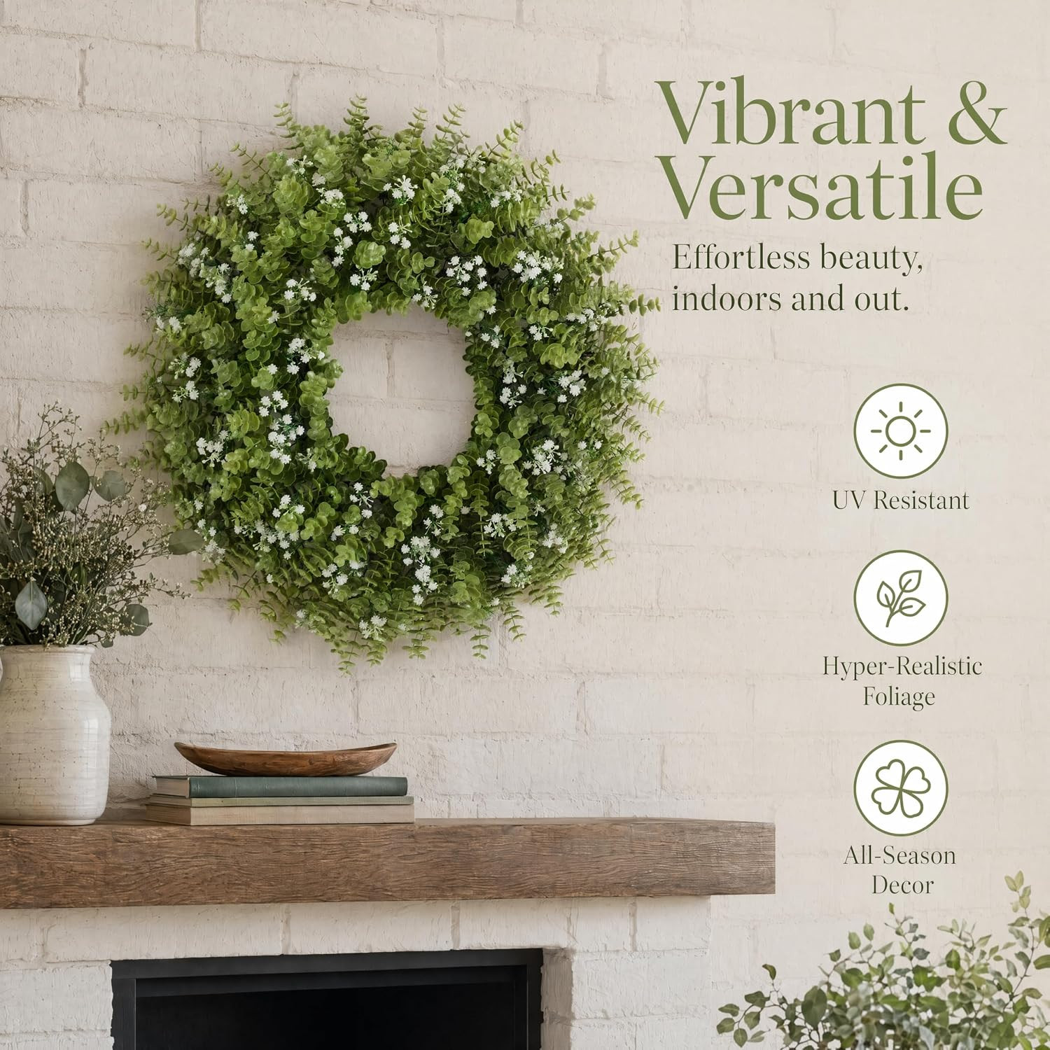 28” Large Artificial Eucalyptus Wreath with Baby’S Breath for Front Door-Faux E