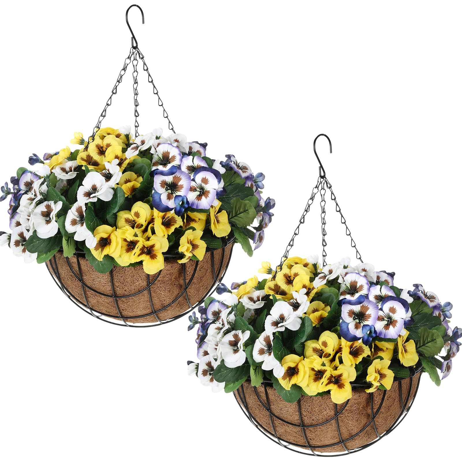 2 Set Artificial Hanging Pansy Flowers with Baskets UV Resistant Faux Silk Pa…