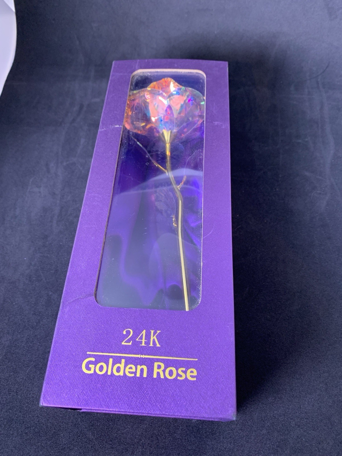 24K Gold Stem Rose Iridescent Petals 9″ Purple Satin Boxed