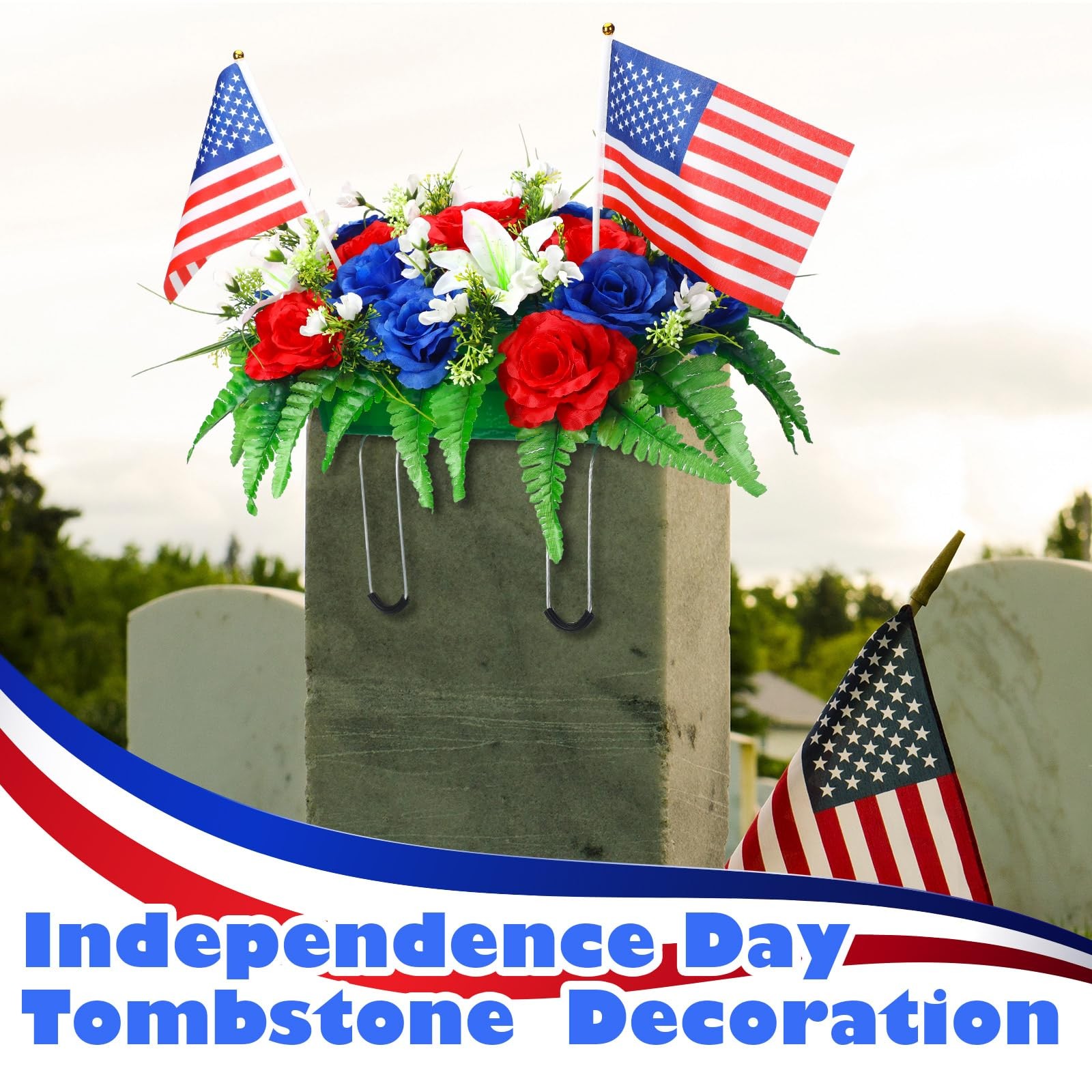 Patriotic Headstone Flower Saddle with American Flags, Red White Blue 4th of …