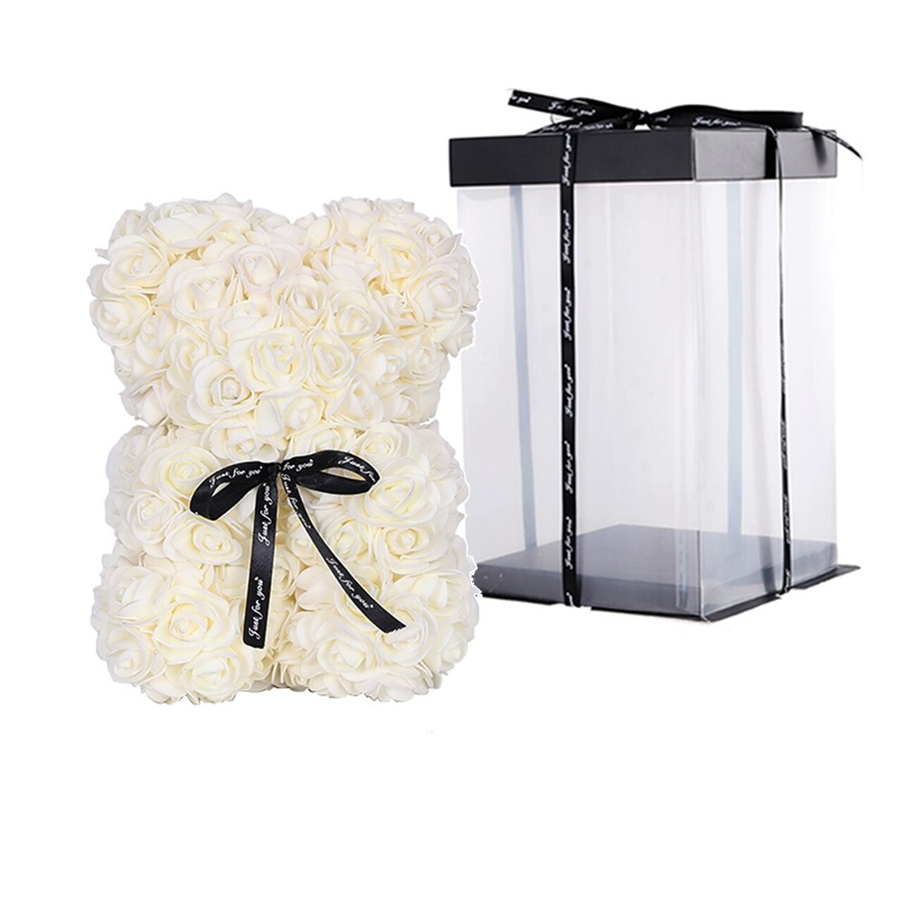 2023 Milky White Rose Flower Teddy Bear with Gift Box 25cm Valentines /Birthday