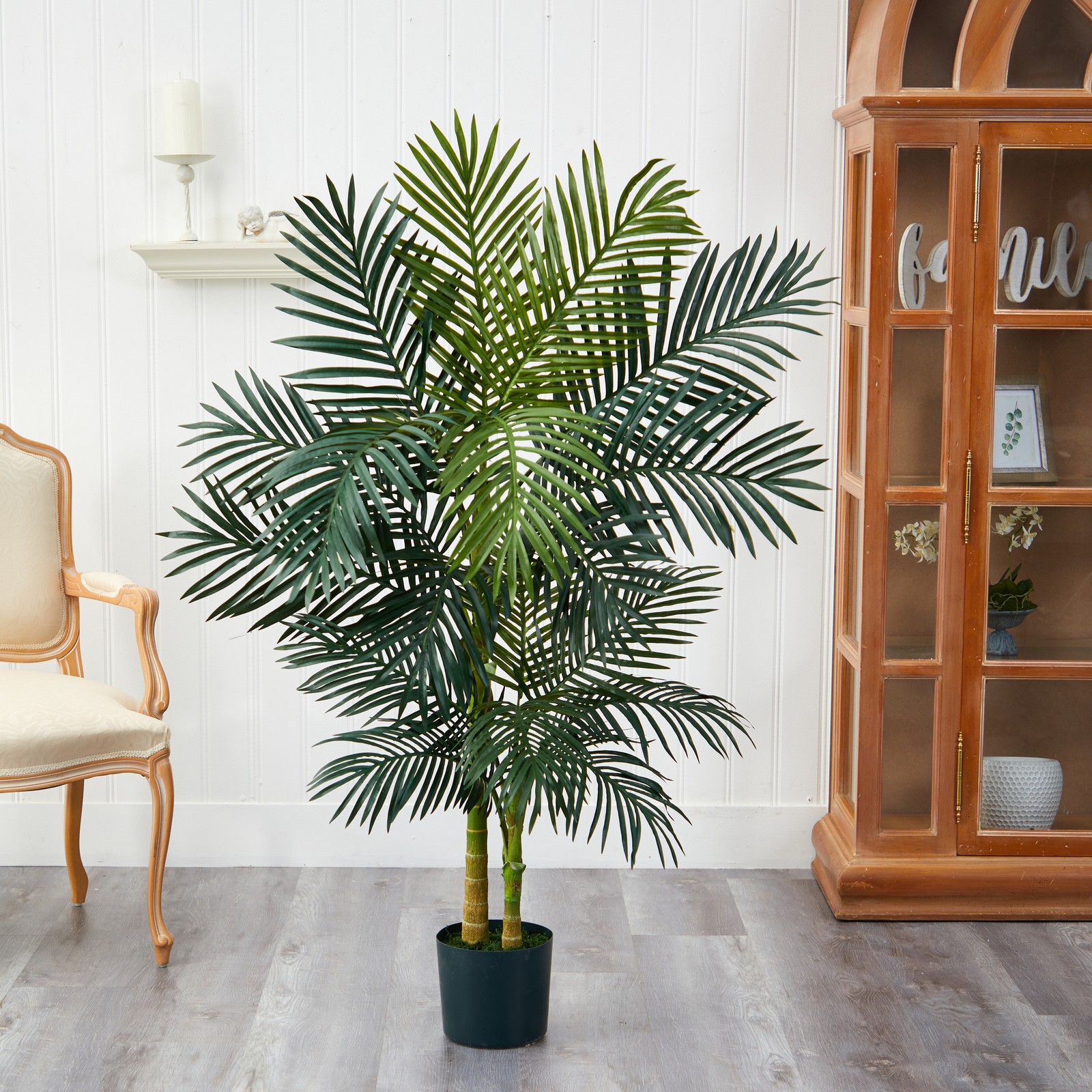 Nearly Natural 60″ Golden Cane Palm Tree with 2-Trunks and Leaves in Green/Black