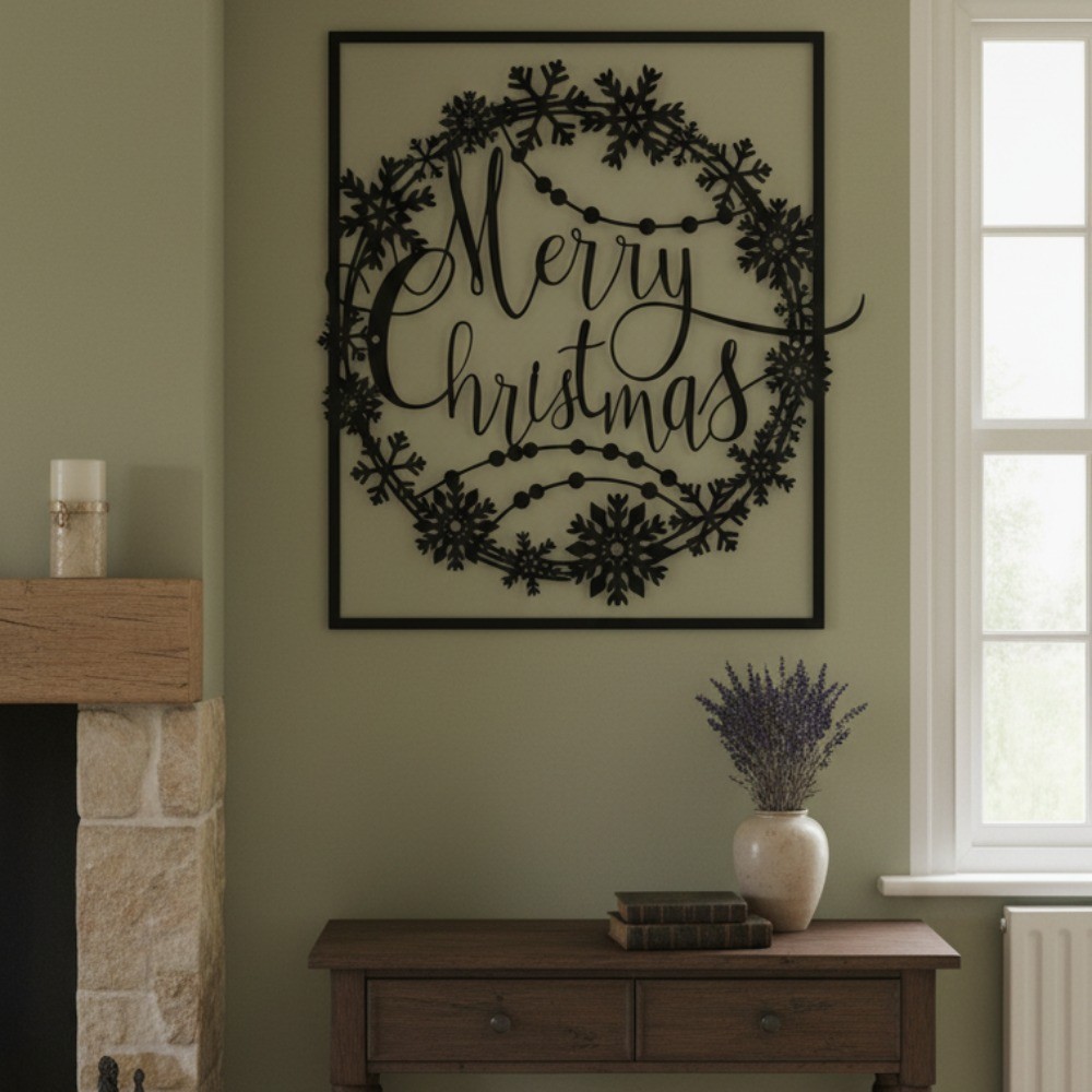 Merry Christmas Round Metal Wall Art – Festive Lettering Logo for Home Decor