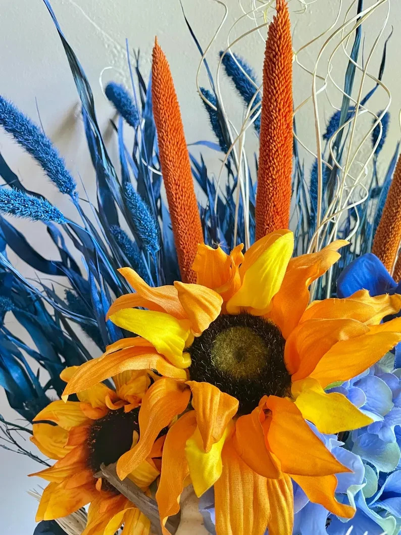 Sunflower Floral Arrangement: Blue Summer & Fall Home Decor, Table Centerpiece
