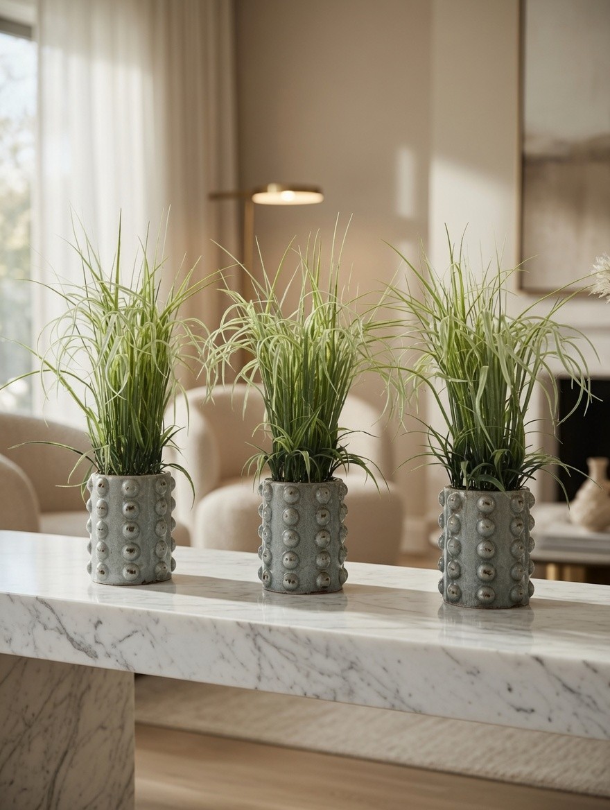 Artificial Grass Houseplant Arrangement Ribbed Textured Ceramic Pot Planter VG