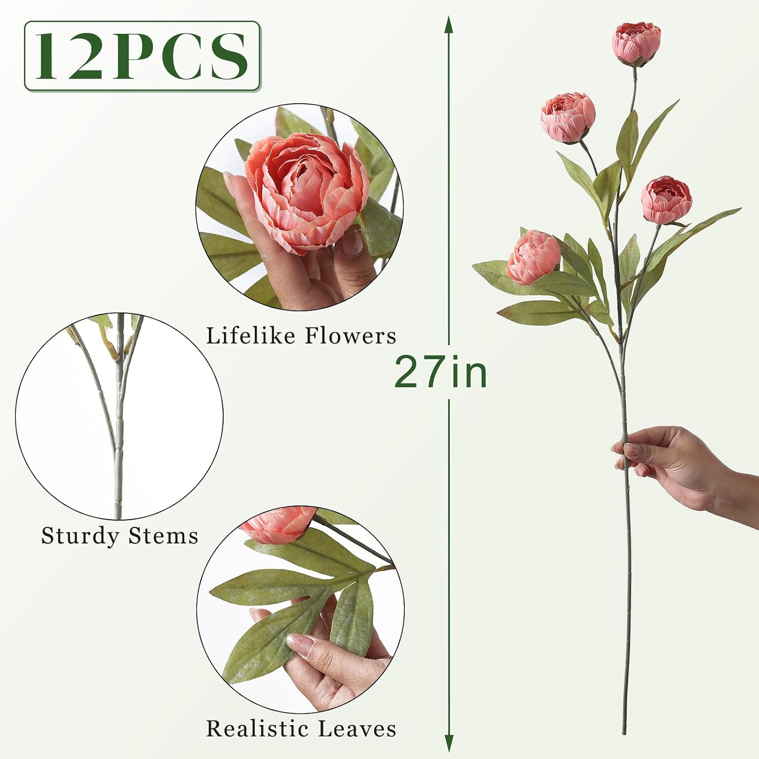 12 Pcs Faux Silk Peony Artificial Flowers for Vase -27″, Bulk Fake Peonies Branc