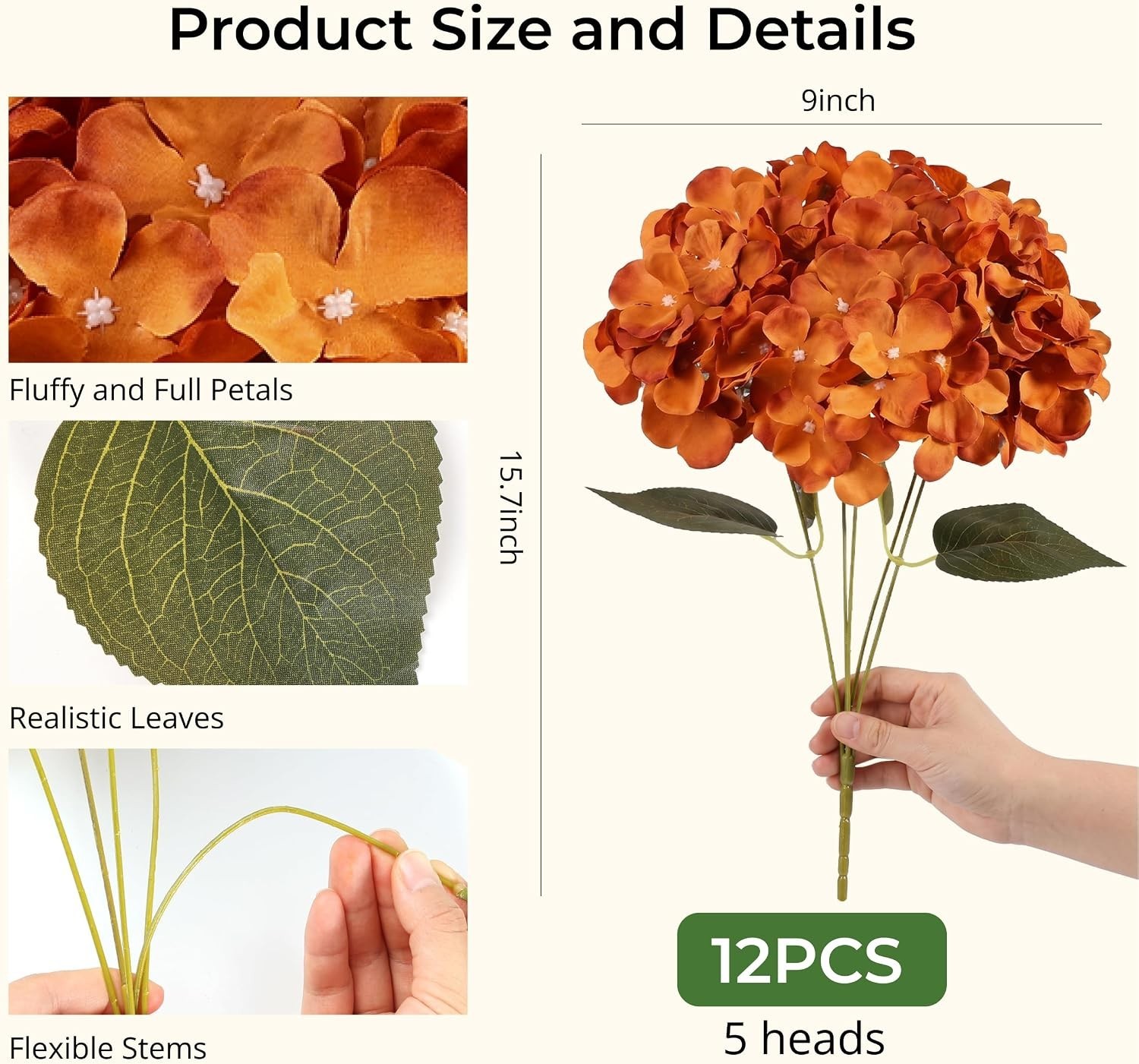 Bulk 12 Orange Artificial Hydrangeas – Waterproof, Zero Maintenance Fall Decor
