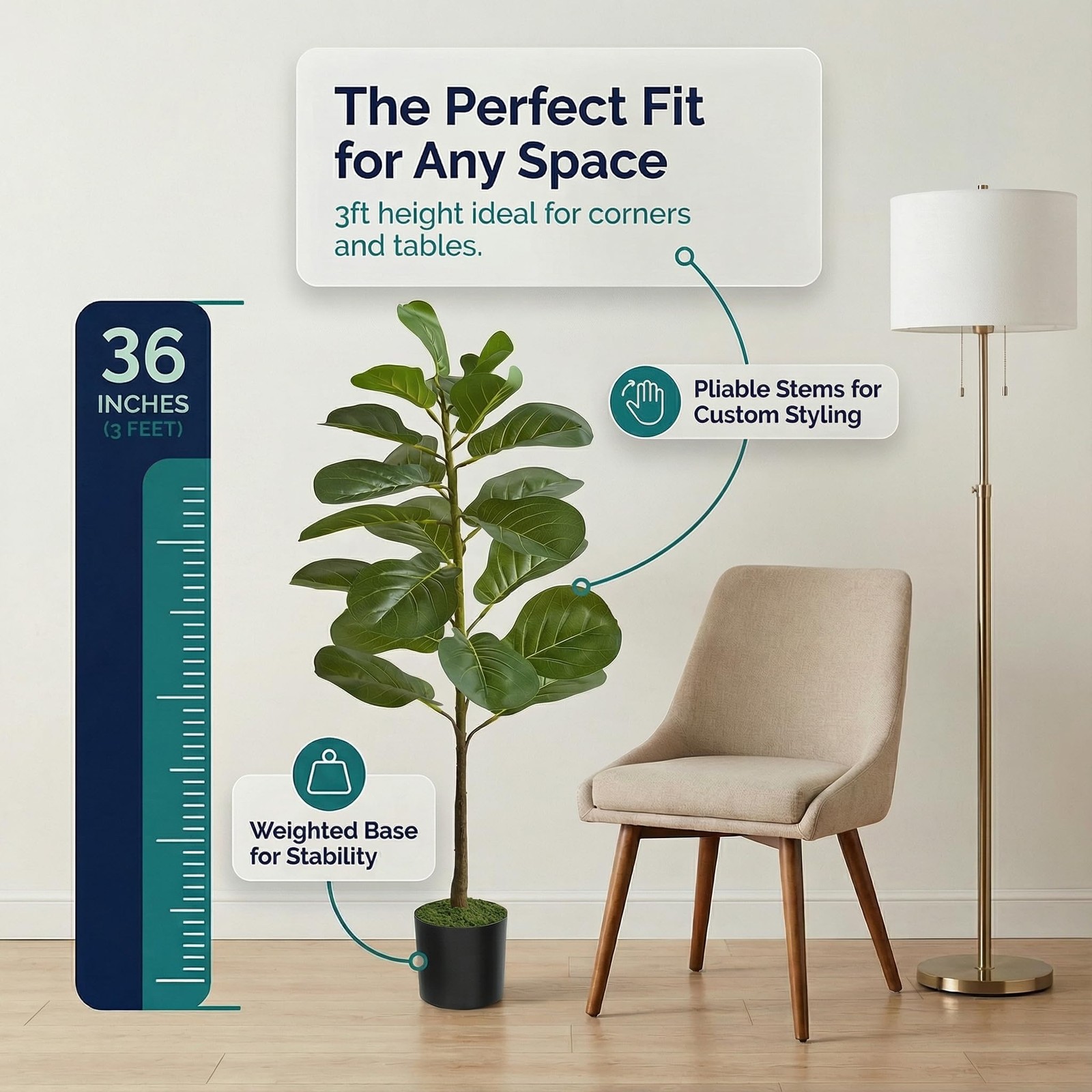 Artificial Fiddle Leaf Fig Tree 3ft (36 Inch) Tall – with Remote LED Spotligh…