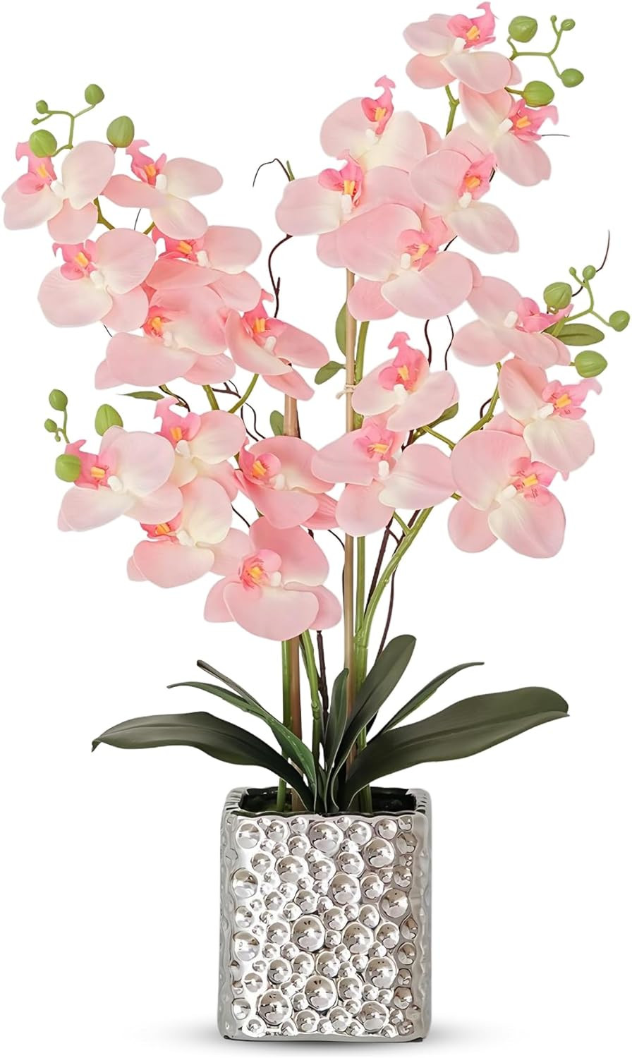 Pink Orchid Silk Flowers in Silver Vase – Elegant Dining Table Centerpiece