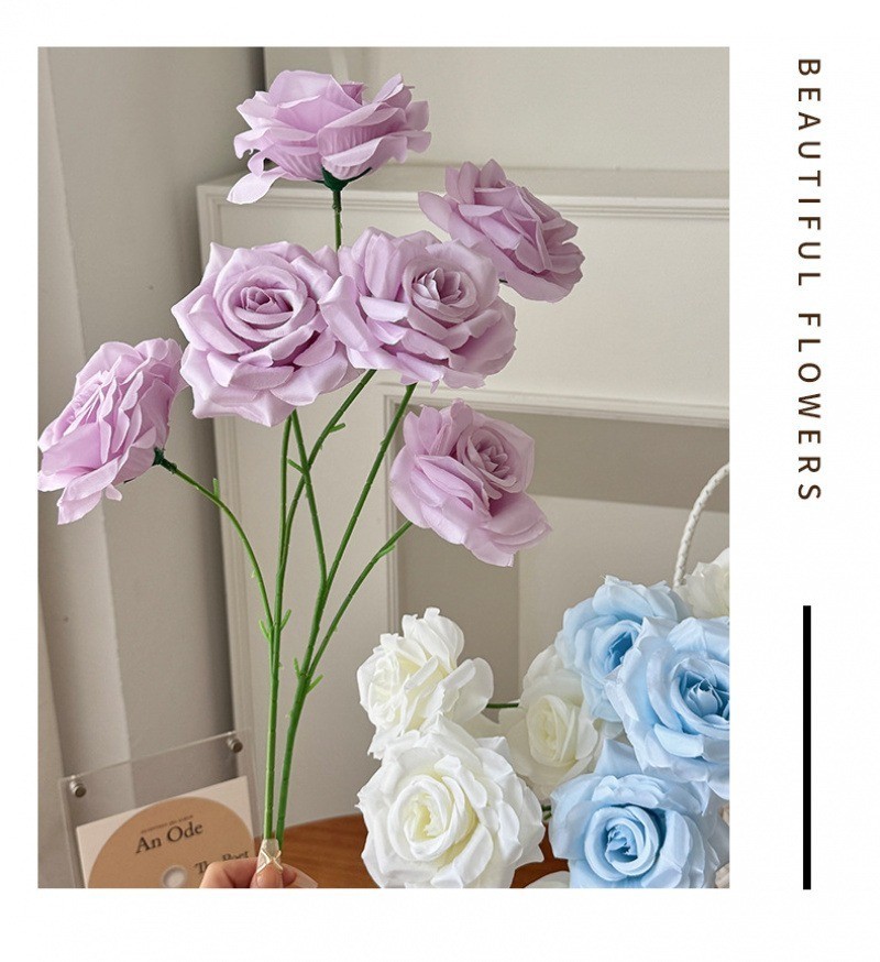 6Pcs Silk Artificial Roses Faux Flowers Pink Blue Purple for Wedding Home Decor