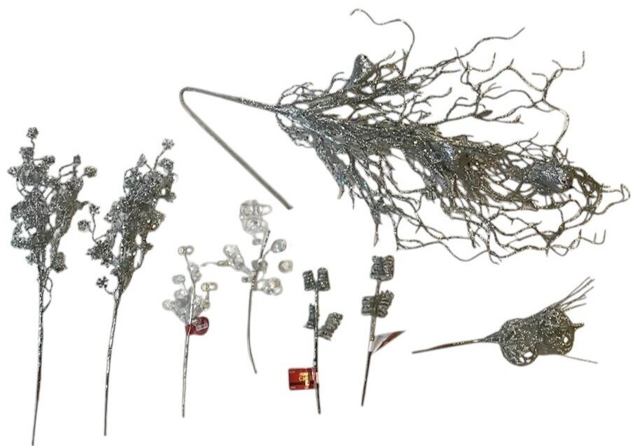 Assorted Silver Floral Stems Picks Birds Leaves Twirls Glitter Decor Crafts NEW