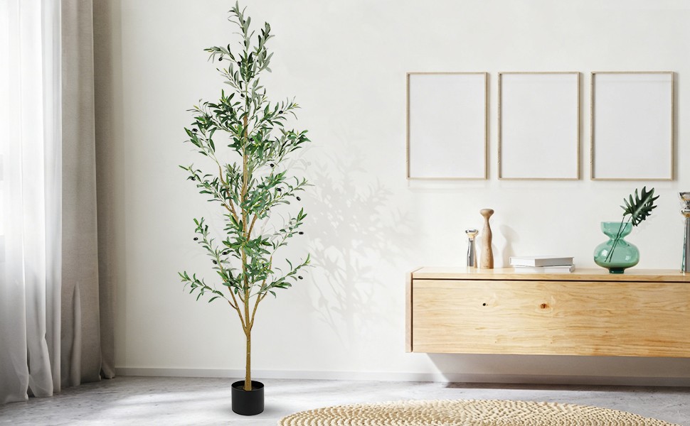7FT Tall Olive Trees Artificial Indoor Faux Olive Tree Natural Wood Trunk Décor