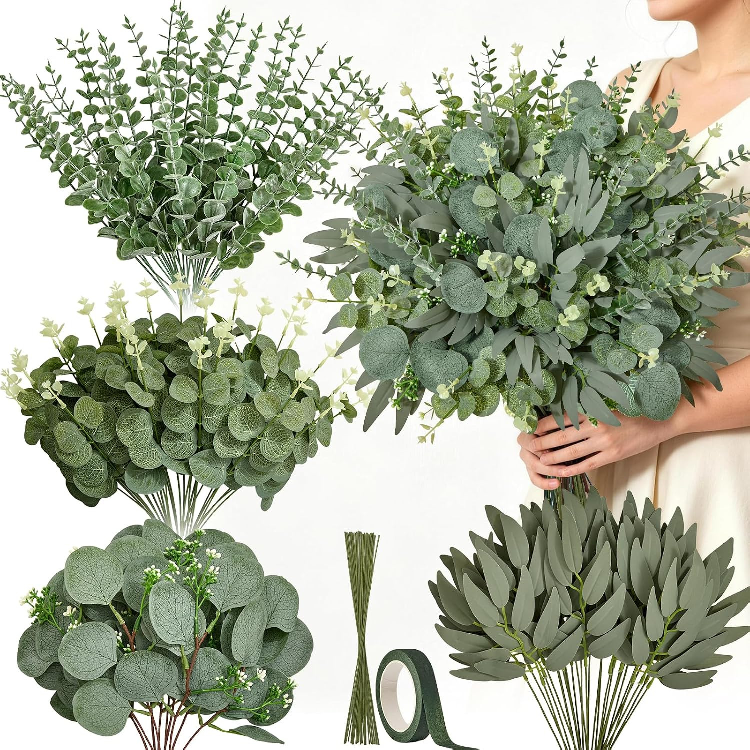 100Pcs Artificial Greenery Stems, Faux Eucalyptus Stems Bulk with Fake Leaves, M