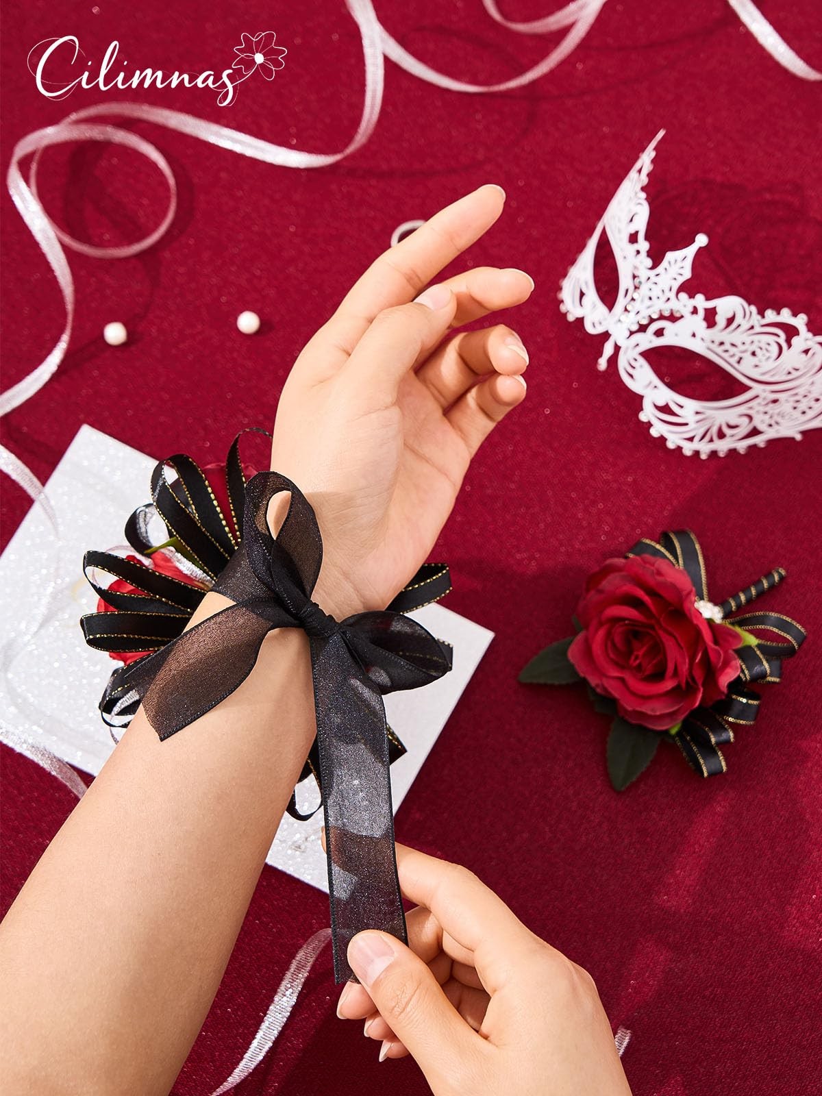 Prom Corsage and Boutonniere Set Red Black,Artificial Silk Rose Wrist Corsage…