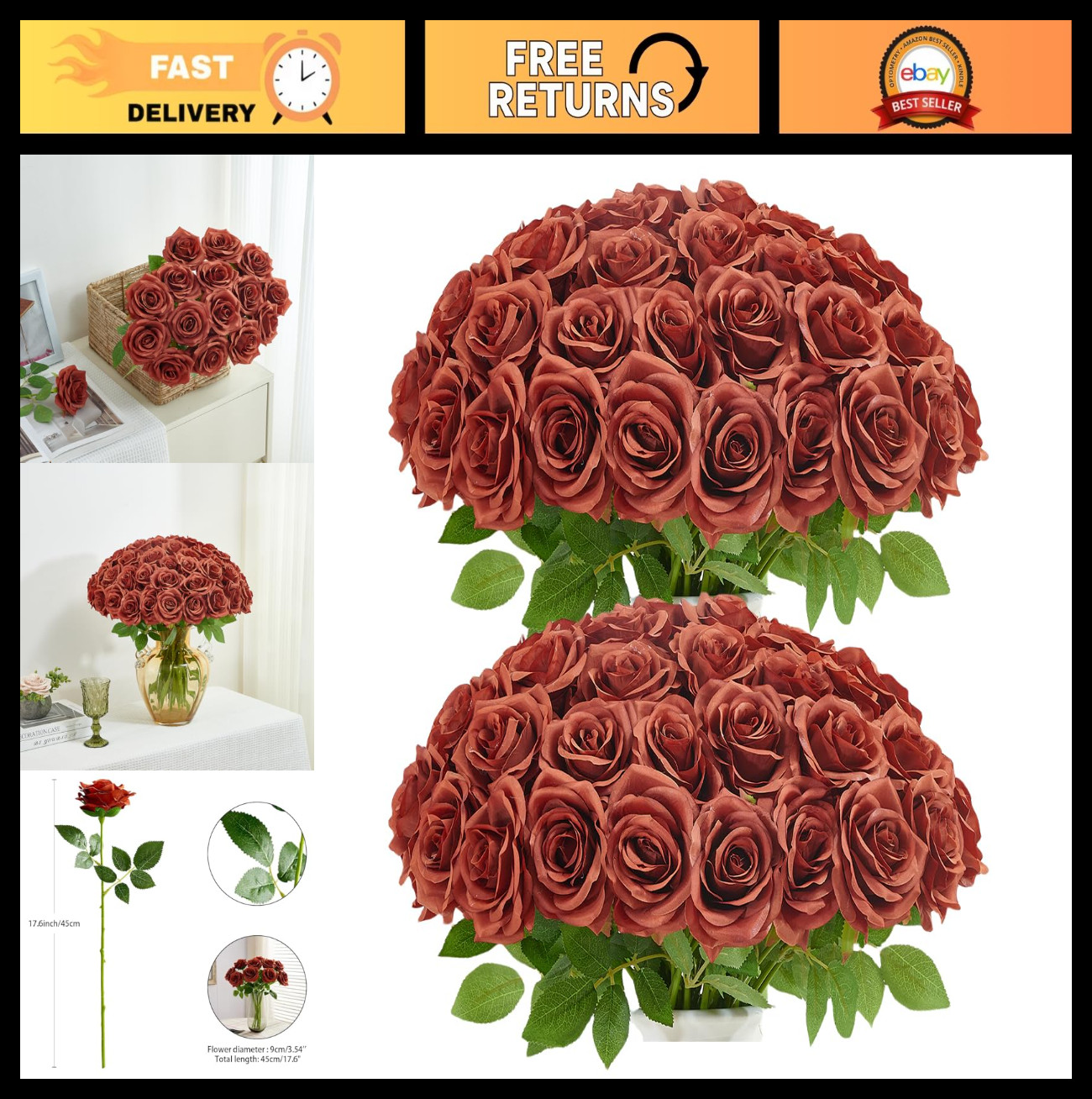 50pcs Burnt Orange Artificial Roses – Realistic Silk Flowers for Wedding, Home &