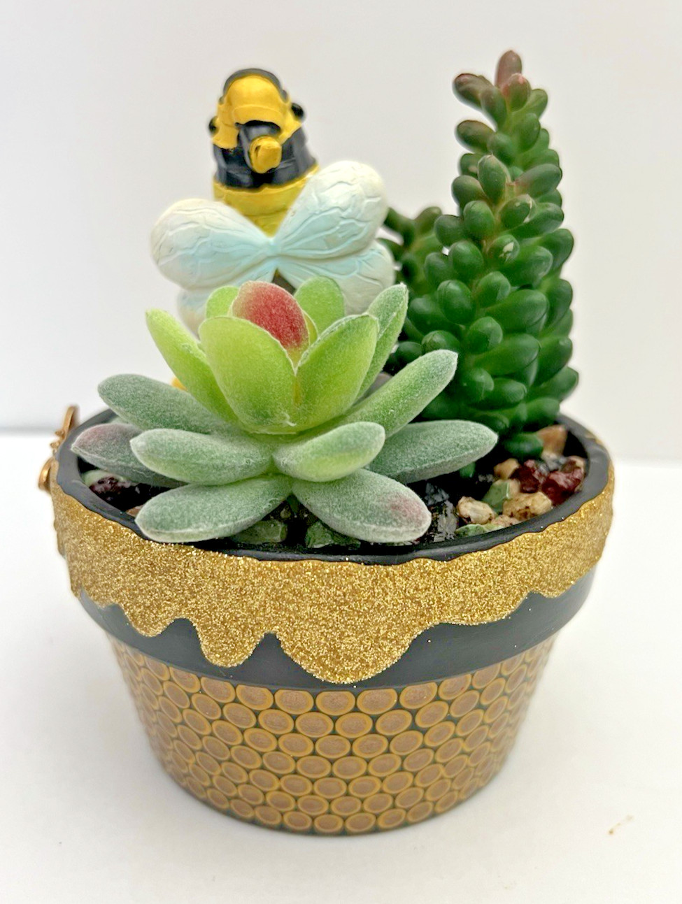 Handmade Gnome Planter Pot Fake Cactus Bumble Bee Theme Artificial Succulent