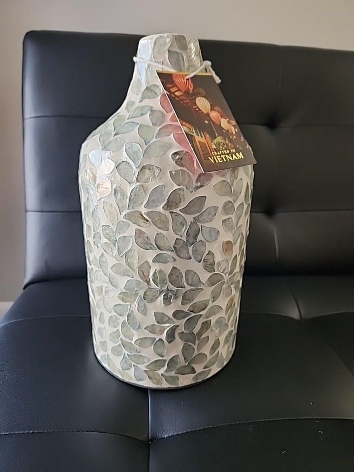 Handcrafted Textured Ceramic Vase Leaf Design Vietnam 12” Decorative Art