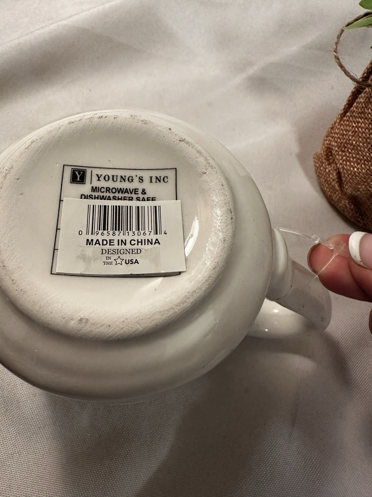White Flowers Tan/White Pottery Mug Believe Good Things Will Happen