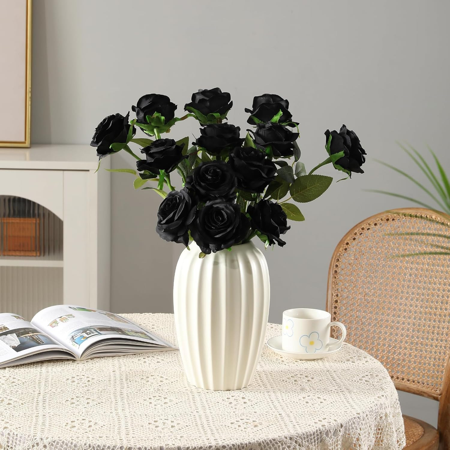 Black Roses Artificial Flowers -12 pcs Realistic Single Long Stem Fake Silk Rose