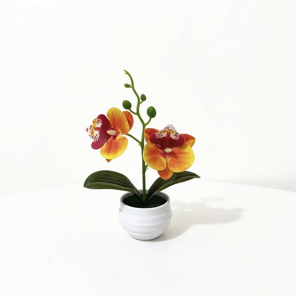 Faux 2-Head Orchid in Striped Pot 6.9 in Tall Realistic Plastic Flower